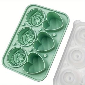 1pc Ice Cube Tray; Rose Flower And Heart Shaped Ice Cube Mold; Food Grade Silicone Ice Ball Maker; Kitchen Tools; Kitchen Supplies (Color: 3 Hearts 3 Roses Ice Tray-Mint Green)