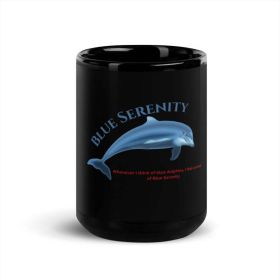 Blue Serenity Dolphin Mug Black Glossy Design By HadiArts (Oz-15: Black + Blue Art Oz 15)