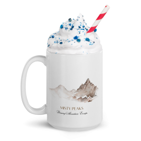 Misty Peaks Coffee Mug - Dreamy Mountain Watercolor Art (Color: White + Water Art)